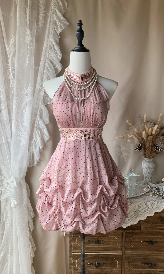 Charming Pink Halter Tulle Pleated Beaded A Line Short 6th Grade Homecoming Dress,Mini Prom Dress D3180