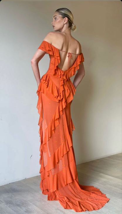 Sexy Off The Shoulder Pink Chiffon Ruffle Slit Long Party Dress Evening Gown(Add Lining) D1467
