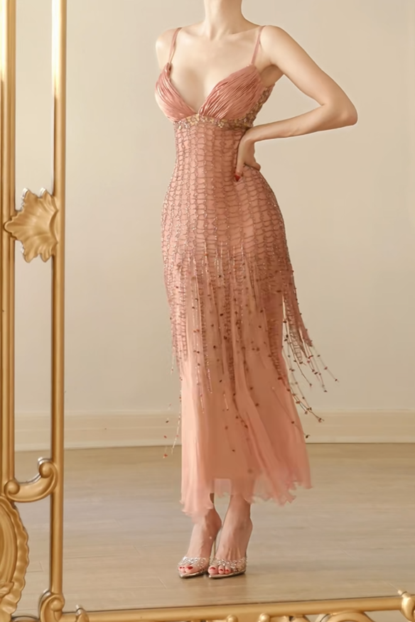 Glamorous Pink Spaghetti Straps V Neck Chiffon Beaded Tassel Mermaid Long Party Dress Evening Gown D2766