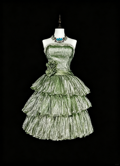 Retro Strapless Tulle Pleated Layered A Line Short 16th Birthday Outfits,Green Short Homecoming Dress D4037