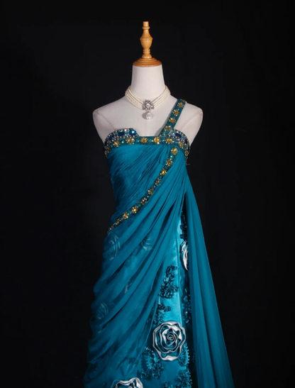 Vintage Blue One Shoulder Satin Beaded Mermaid Evening Dress Long Party Dress With Florals D2288