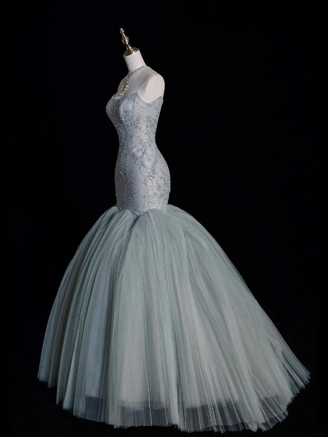 Modest Strapless Dusty Blue Tulle Beaded Mermaid Long Prom Dresses Party Dress D4521