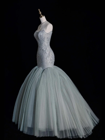 Modest Strapless Dusty Blue Tulle Beaded Mermaid Long Prom Dresses Party Dress D4521