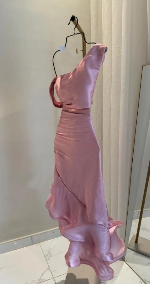 Pretty Sheath Pink Long Ruffles Prom Dresses Formal Evening Dress SD2388