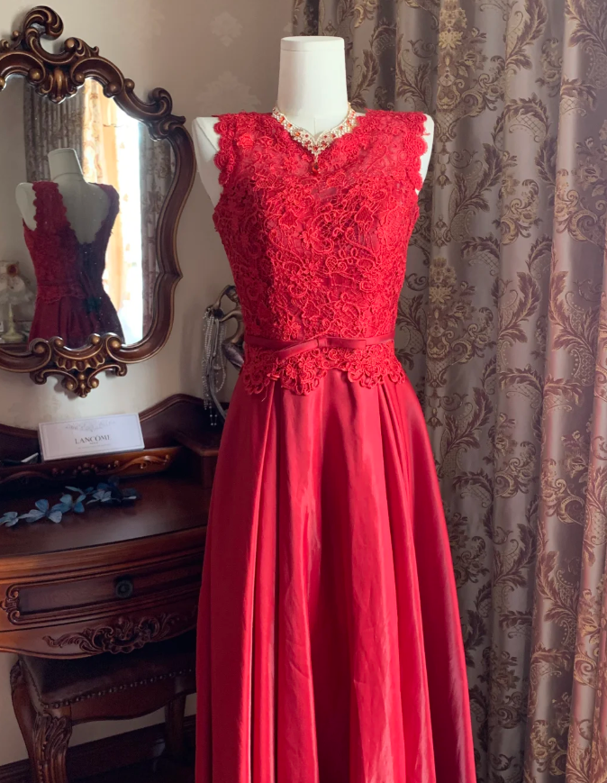 Vintage Red Sleeveless Lace Satin A Line Long Paery Dress Birthday Prom Dress D1715