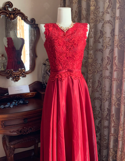 Vintage Red Sleeveless Lace Satin A Line Long Paery Dress Birthday Prom Dress D1715