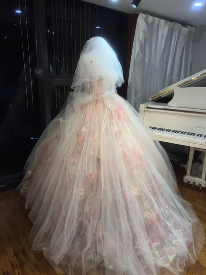 Pretty Strapless Ball Gown Tulle Floral Long Wedding Dress With Veil D1883