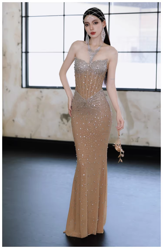 Sexy Strapless Chiffon Beaded Mermaid Long Evening Dress Party Gown D2425