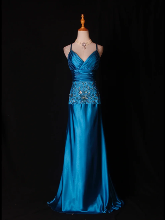 Stylish Spaghetti Straps Blue V Neck Satin Beaded Mermaid Long Evening Dress Birthday Dress D2278
