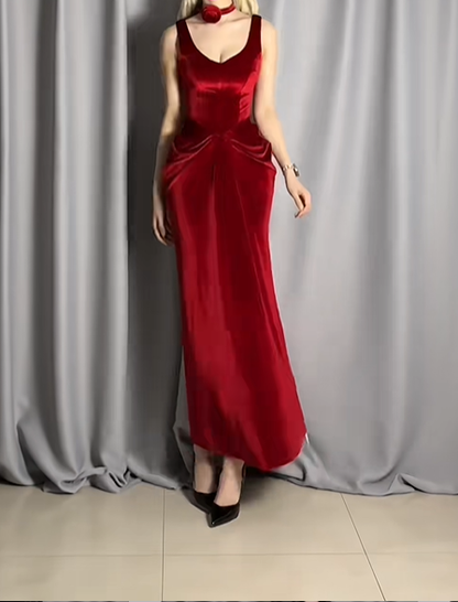 Sexy Red V Neck Velvet Mermaid Long Evening Dress Prom Dress D2491