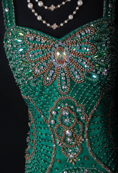 Vintage Spaghetti Straps Green Satin Tulle Beaded Party Dress Mermaid Long 21st Birthday Outfits D2240