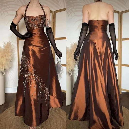 Vintage Halter Brown Satin Beaded Mermaid Evening Dress Long Party Dress Prom Gown With Gloves D1906