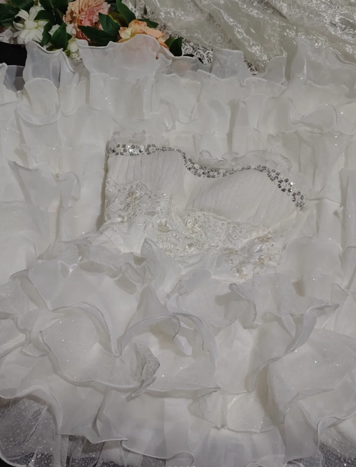 Glamorous Strapless Beaded White Chiffon Ruffles Layered Long Wedding Dress Formal Bridal Gowns D2367