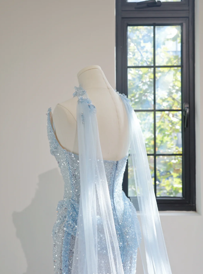 Pretty Strapless Light Blue Sequin Beaded Mermaid Long Birthday Party Dress Evening Gown D2159