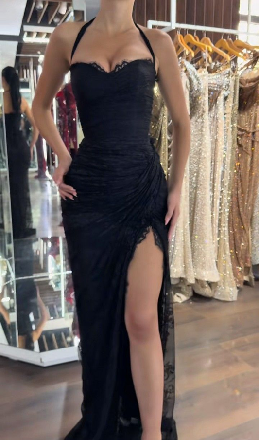 Sexy Halter Black Lace Side Slit Mermaid Long Evening Dress Prom Gown Formal Wedding Guest Dress D1875