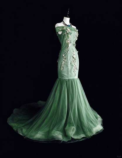 Charming Off The Shoulder Satin Tulle Appliqued Long Prom Dress Green Mermaid Evening Dress D5382