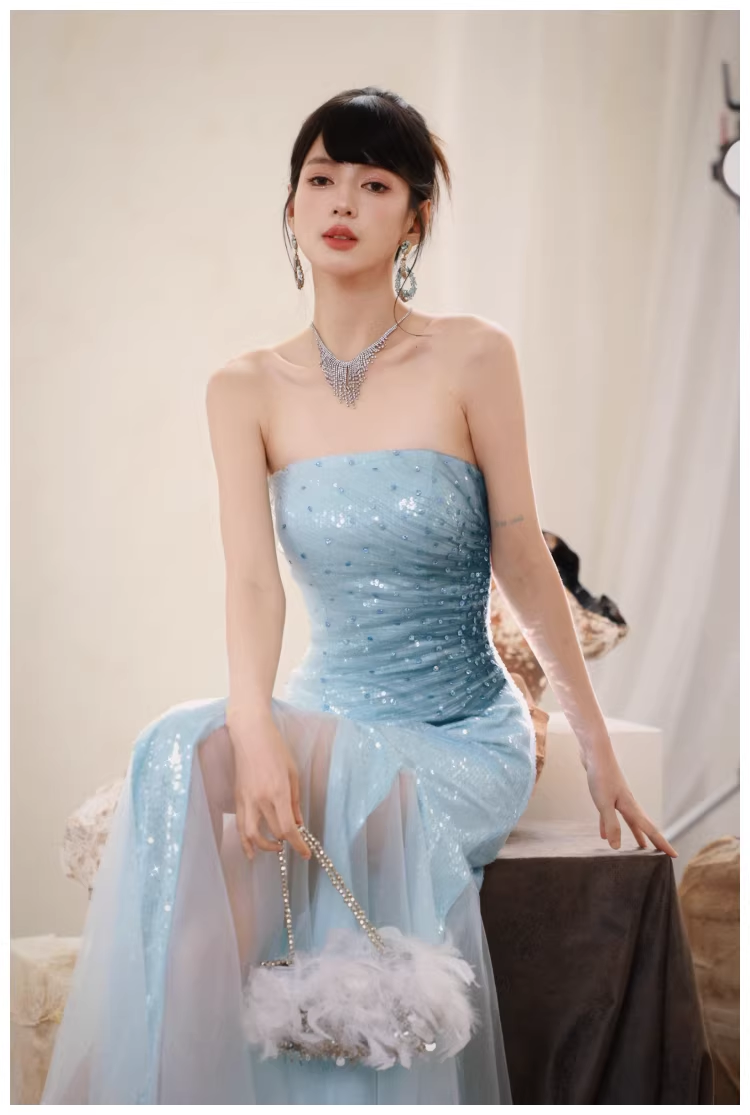 Charming Strapless Blue Tulle Sequin Beaded Mermaid Long Evening Dress Birthday Party Gown D2436