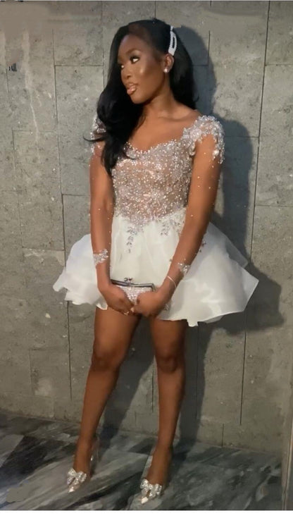 Elegant White Organza Beaded A Line Short Homecoming Dress Birthday Outfit D4451