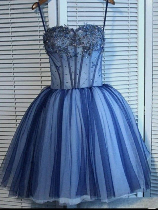 Pretty Blue Strapless Tulle Appliques A Line Short Homecoming Dress Birthday Outfits D3995