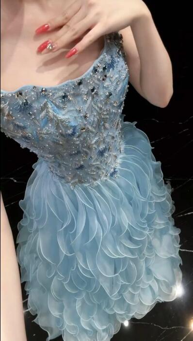 Glamorous Blue Strapless Tulle Ruffles Beaded Long Birthday Prom Dress Evening Dress D4752