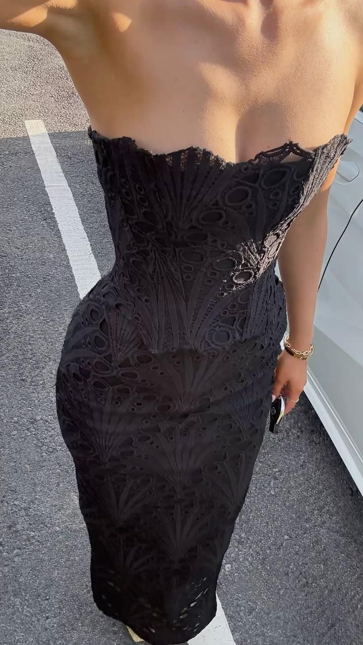 Sexy Strapless Lace Sheath Evening Dress Black Long Party Gowns D5306