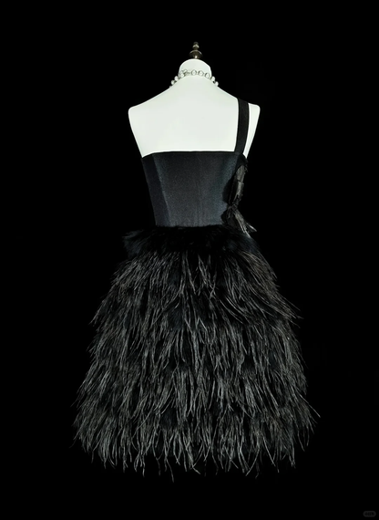 Classic Black Satin Feathers A Line Short 7th Grade Homecoming Dress,One Shoulder Mini Party Dress D4055