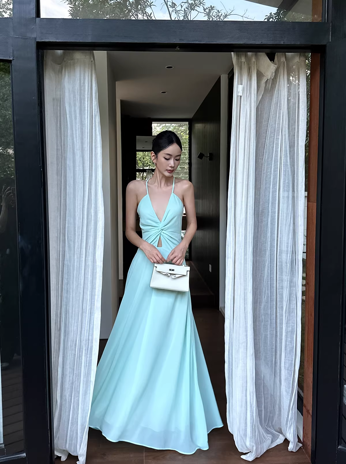 Simple Spaghetti Straps V Neck Green Chiffon A Line Long Party Dress Evening Dress D2090