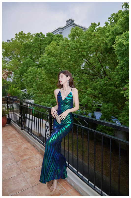 Vintage Green Spaghetti Straps Sequin Mermaid Long Evening Dress Birthday Dress D2447