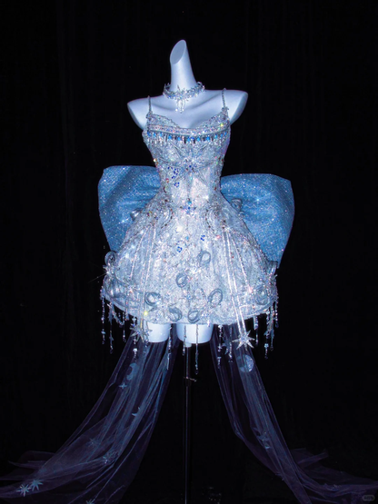 Glitter Spaghetti Straps Blue Tulle Sequin Beaded A Line Short Graduation Homecoming Dress With Bow D3063