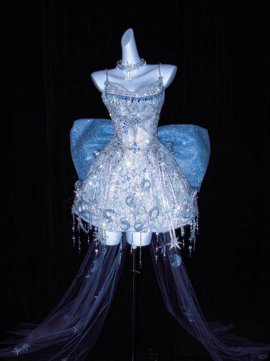 Glitter Spaghetti Straps Blue Tulle Sequin Beaded A Line Short Graduation Homecoming Dress With Bow D3063
