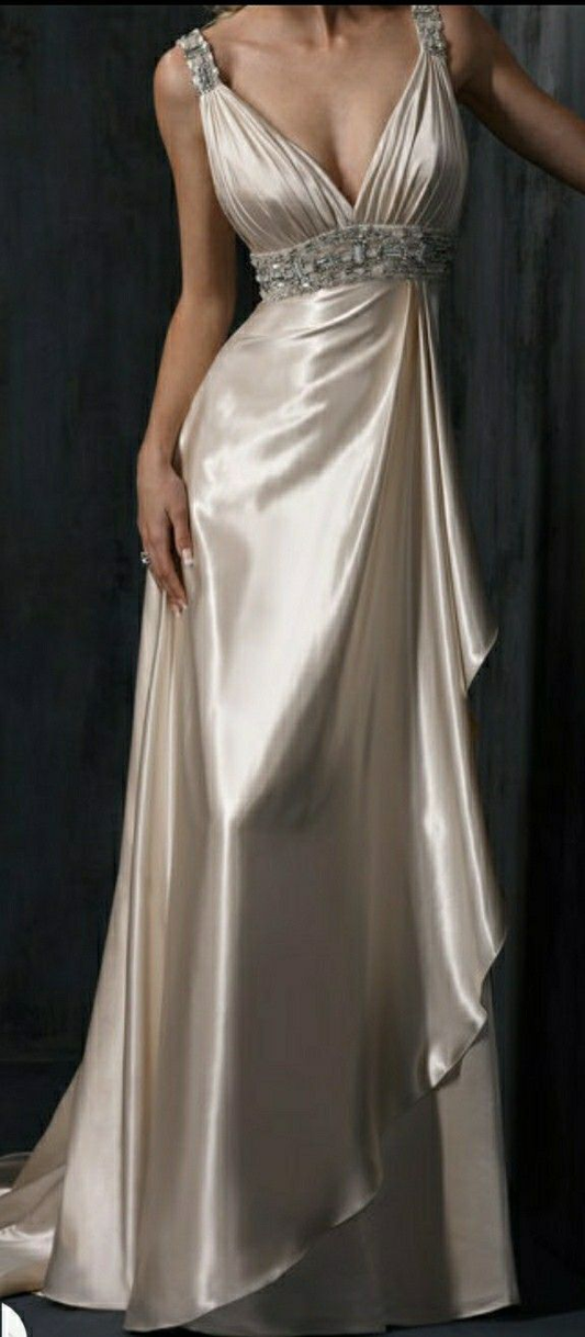 Pretty White V Neck Satin Beaded Mermaid Bridal Dress Long Wedding Dress D1463