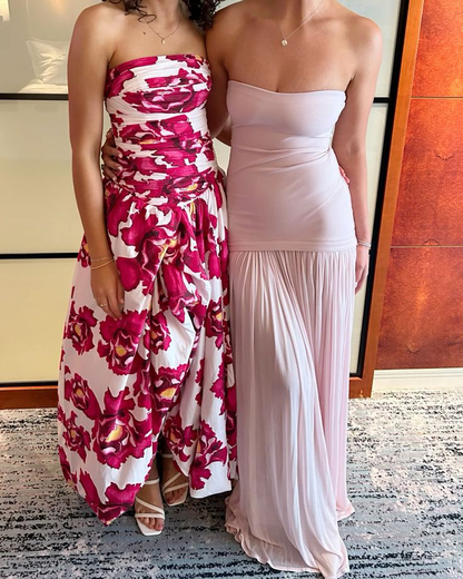 Charming Pink Strapless Satin Pleated Printed Floral Long Prom Dress Birthday Evening Dress D4783