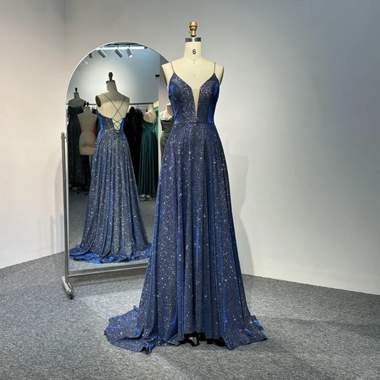Shiny Spaghetti Straps Blue Satin Sequin Long Evening Dress Party Gown Formal Wedding Guest Dress D2023