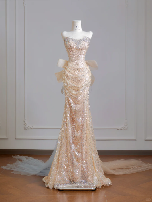 Glitter Strapless Tulle Sequin Beaded Mermaid Long Party Dress Birthday Evening Dress D2500