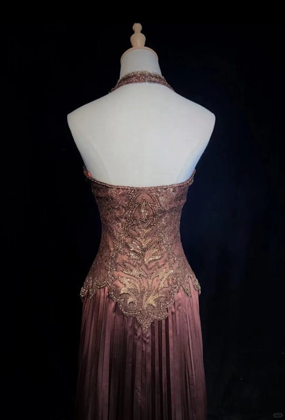 Vintage Brown Halter V Neck Satin Beaded A Line Long Evening Dress Birthday Party Dress D3120