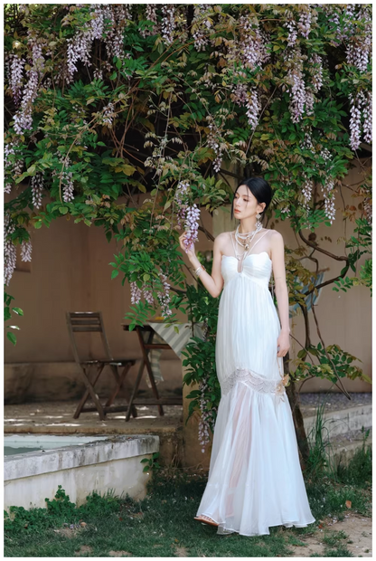 Pretty Spaghetti Straps White Tulle Lace Mermaid Long Prom Dress Evening Gown D2422