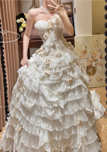Glamorous Strapless White Tulle Lace Pleated Layered Long Wedding Dress Bridal Dresses D2042