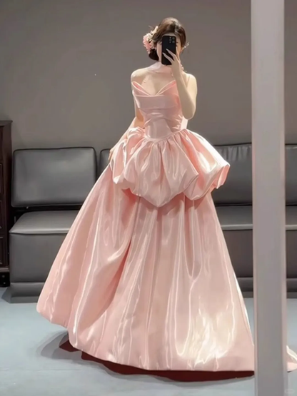 Cute Pink Strapless Satin Pleated Layered Long Prom Dress Evening Dresses D2499