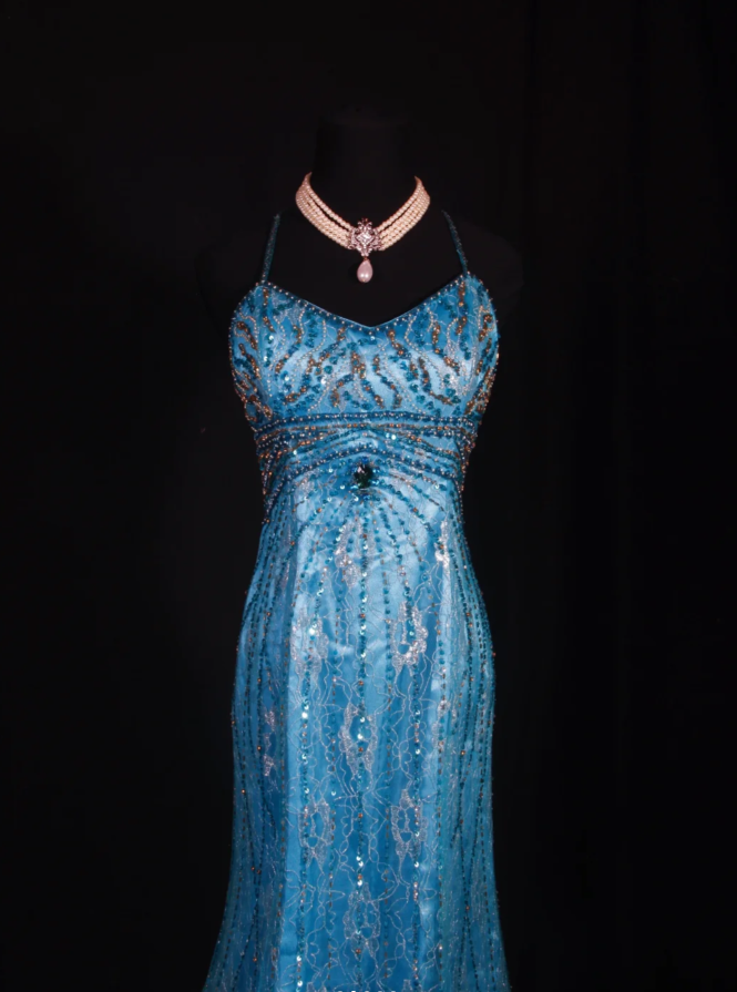 Glamorous Spaghetti Straps Blue Lace Beaded Mermaid Long Evening Dress Party Gown D2244