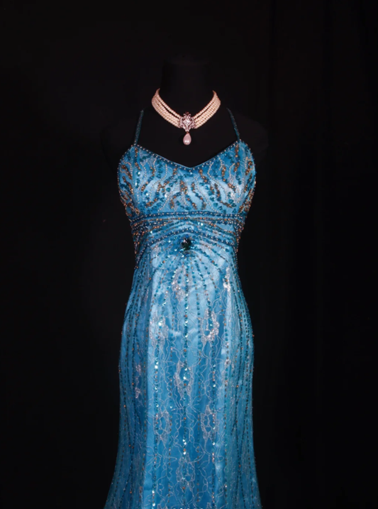 Glamorous Spaghetti Straps Blue Lace Beaded Mermaid Long Evening Dress Party Gown D2244