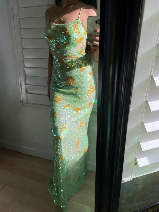 Shiny Spaghetti Straps Mint Green Sequin Mermaid Evening Gown Long Party Dress D876