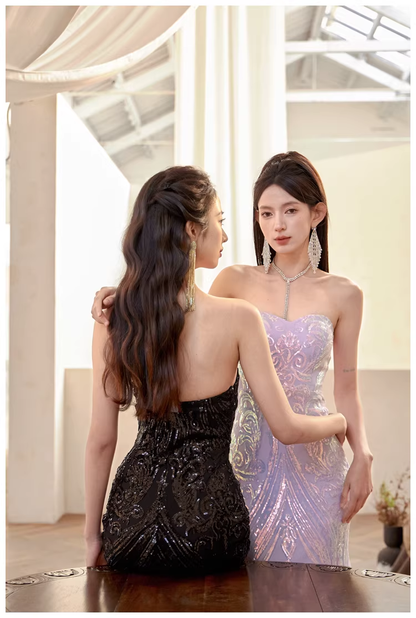Gorgeous Sweetheart Neck Lavender Tulle Sequin Mermaid Long wedding Guest Dress Formal Evening Dress Prom Gown D2435
