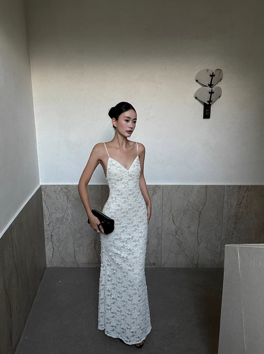 Pretty Spaghetti Straps V Neck Off White Lace Sequin Mermaid Long Evening Dress Formal Wedding Guest Dress D2125