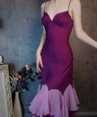 Vintage Spaghetti Straps Purple Satin Mermaid Evening Dress Long Wedding Guest Dress D1421