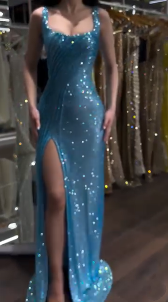 Gorgeous Blue Spaghetti Straps Sequin Slit Mermaid Long Evening Dress Birthday Prom Dress D1705