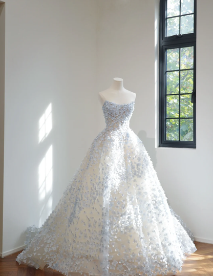 Fairy Strapless Blue Tulle 3D Flowers Beaded Ball Gown Pretty Long Wedding Dress D2158