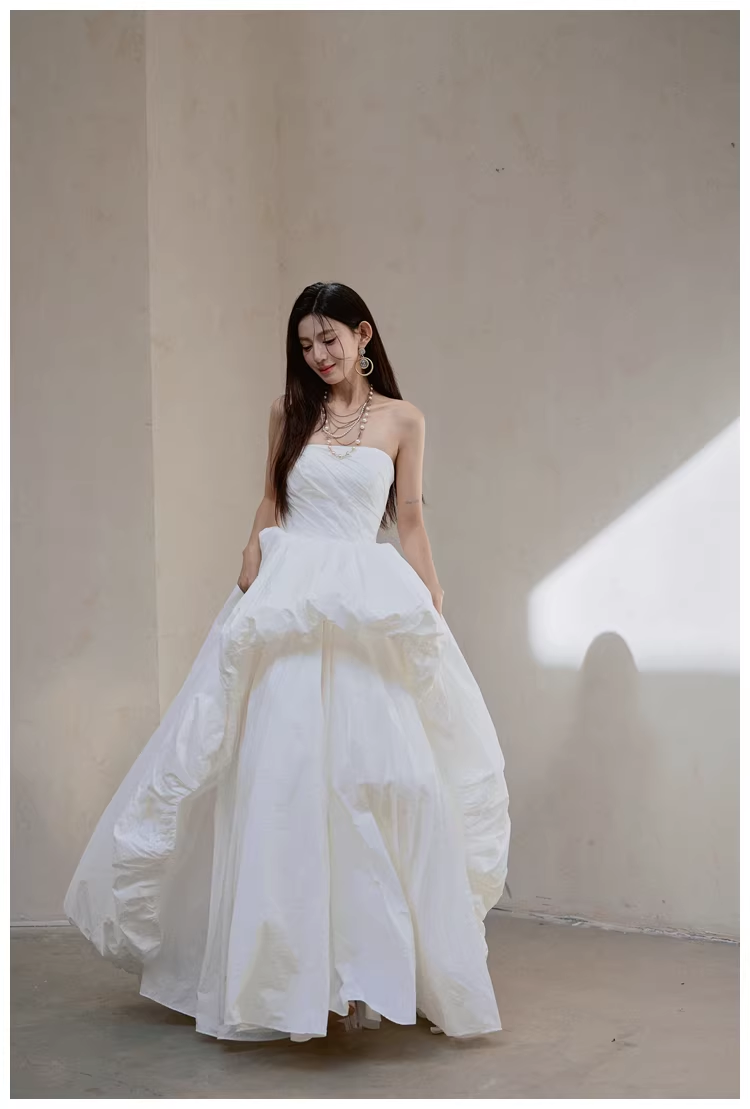 Charming Strapless White Satin Pleated Puff Birthday Party Dress Formal Prom Dresses D2413