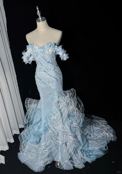 Glamorous Light Blue Mermaid Long Evening Dress Off The Shoulder Tulle Sequin Applique Party Dress D5168