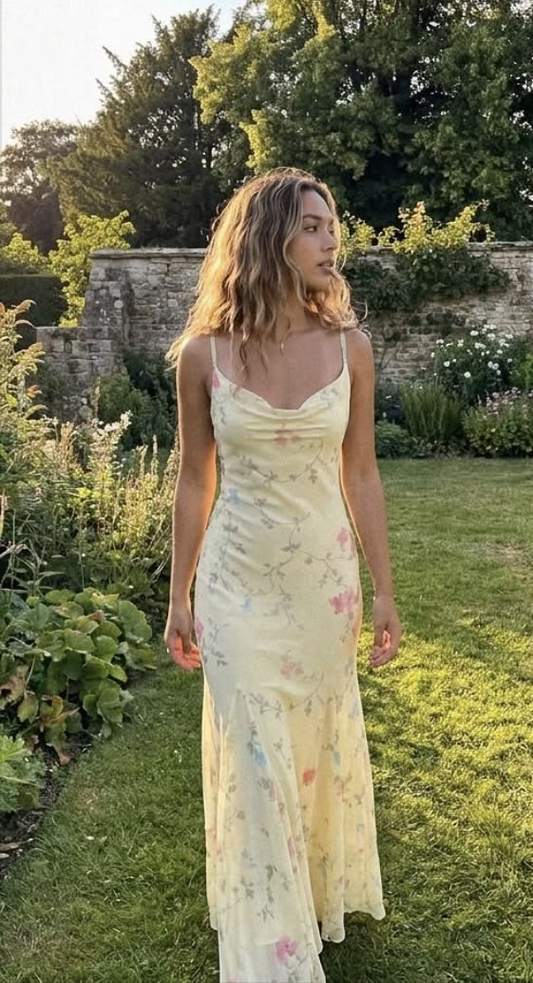 Pretty Yellow Chiffon Floral Mermaid party Dress Long Birthday Prom Dress D3492