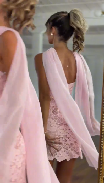 Glamorous Pink Lace Short 6th Grade Homecoming Dress Strapless Short Prom Dress D4374